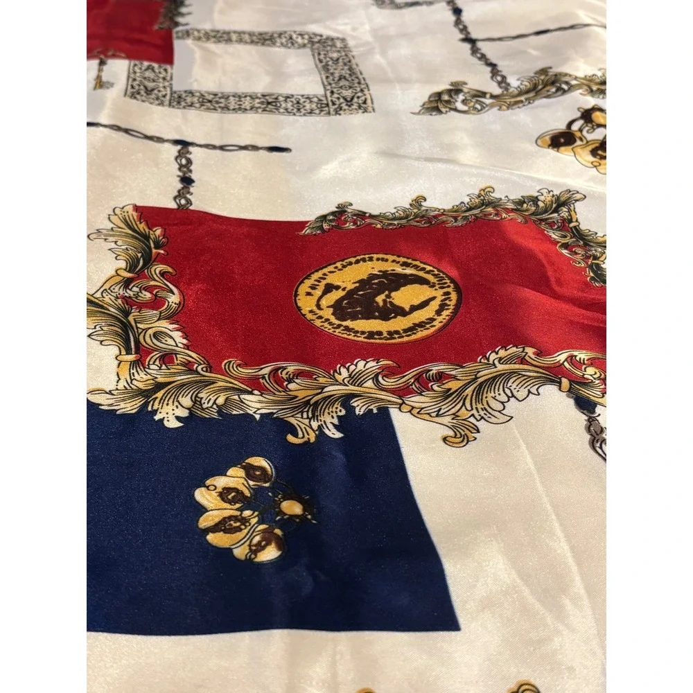 Vintage Style Square Silk Feel Scarf Red Navy Blue Gold Chain‎ Print 35x35